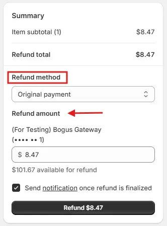 Shopify Refund Summary With Payment Method, Refund Amount, Notification Option, And Refund Button