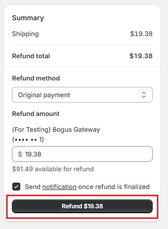 Shopify Refund Summary With The Final Refund Button Marked
