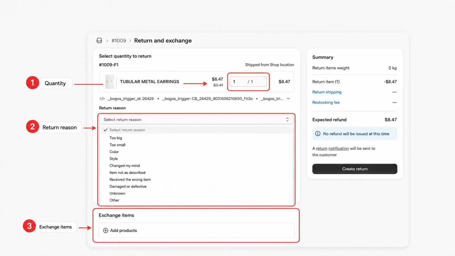 Shopify Return Form With Quantity, Return Reason, And Exchange Item Options