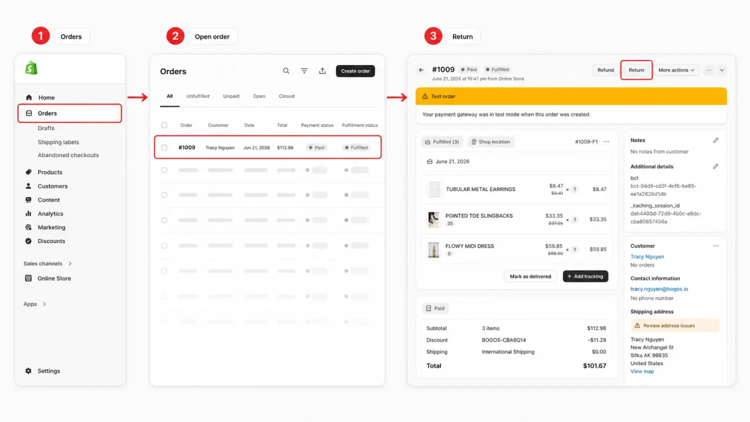 Three Step Shopify Guide Showing How To Open Orders, Select An Order, And Click Return