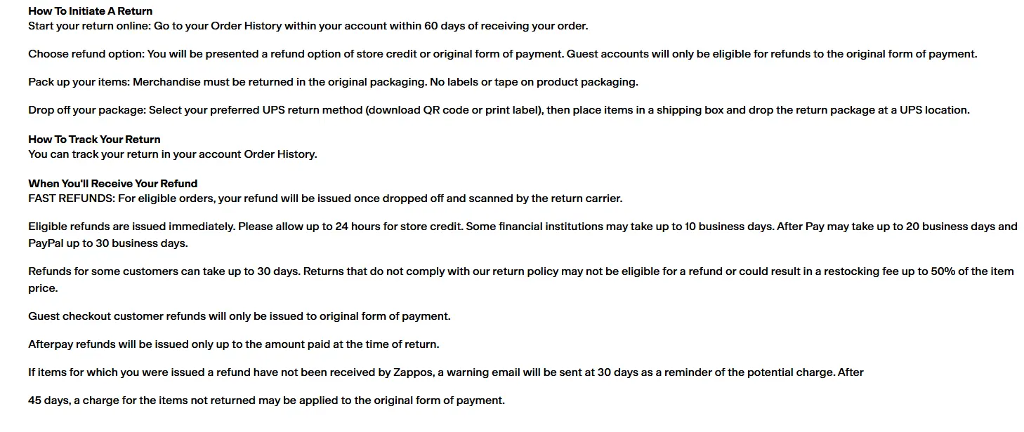 Zappos Refund Policy Organized Into Short Sections About Returns, Tracking, And Refund Timing