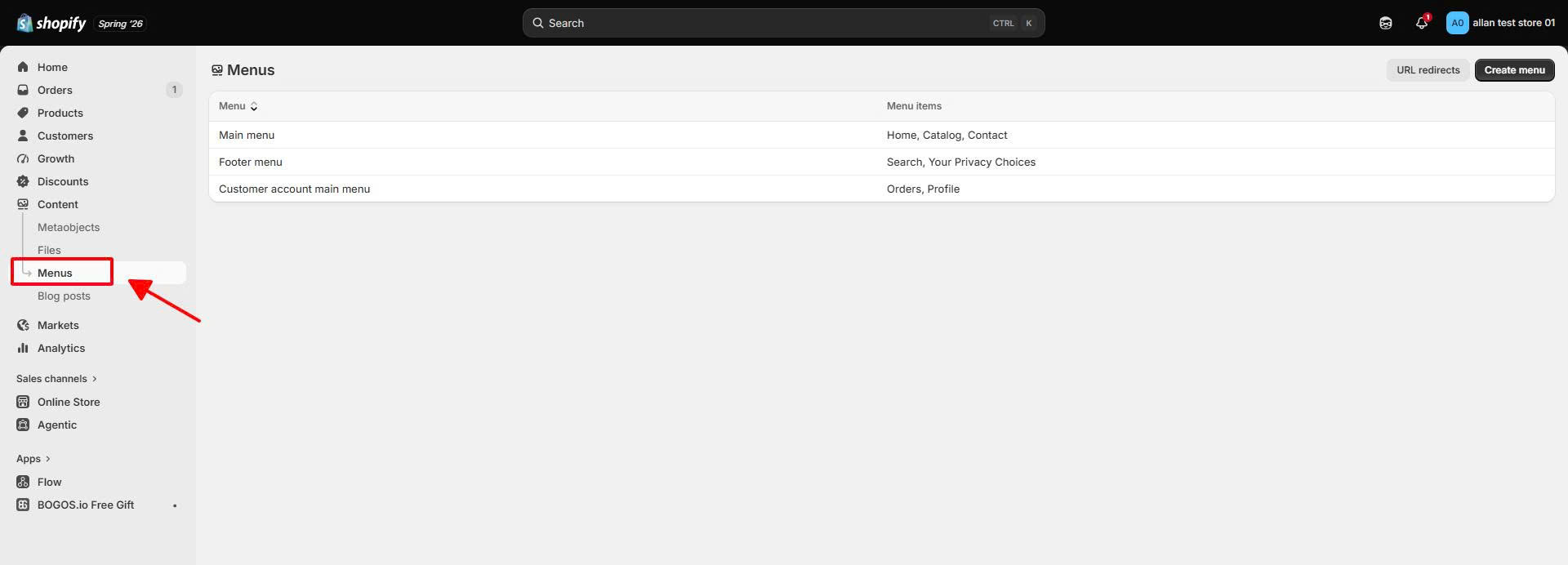 Navigate to the Menu Content Dashboard