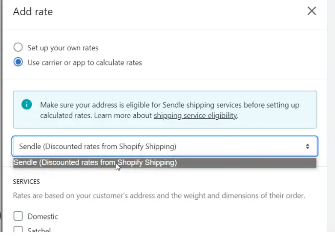 Add Rate Window With Carrier Calculated Shopify Shipping Rates Selected And Sendle Chosen As The Service