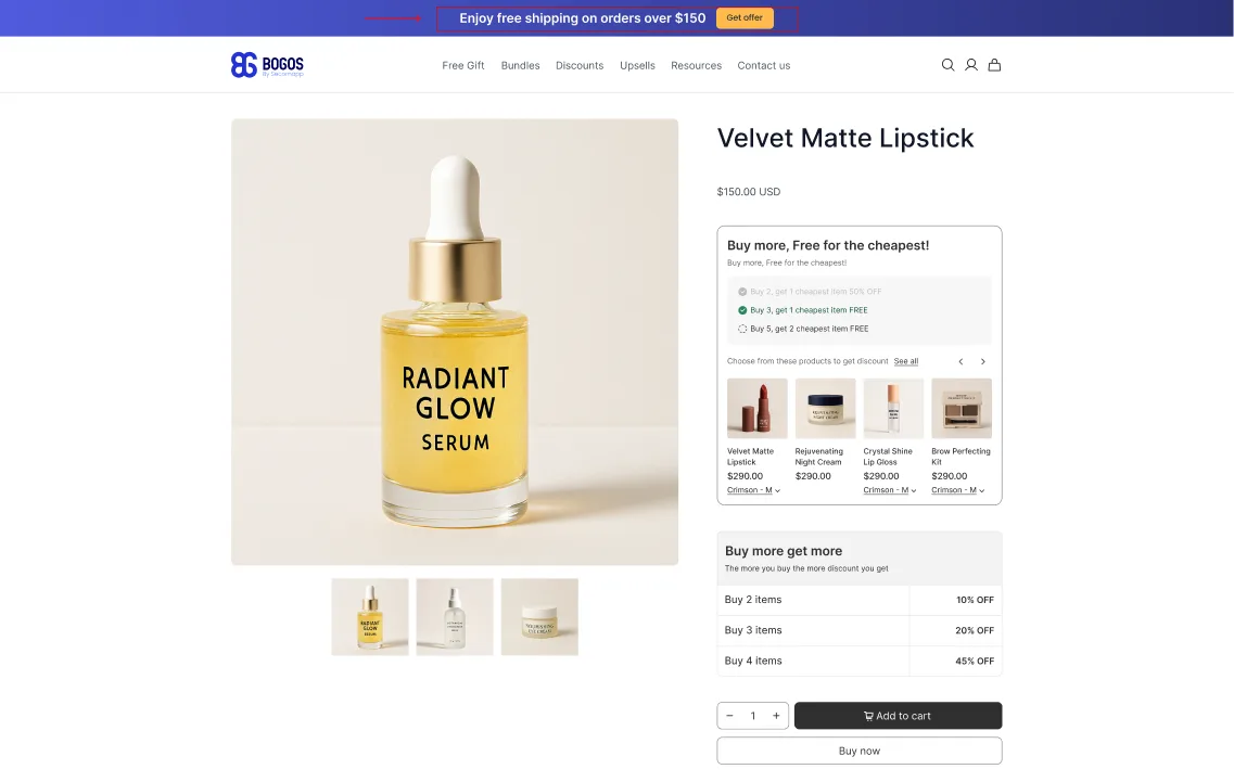 Bogos Announcement Bar Promoting Free Shipping On Orders Over $150 Above A Shopify Product Page