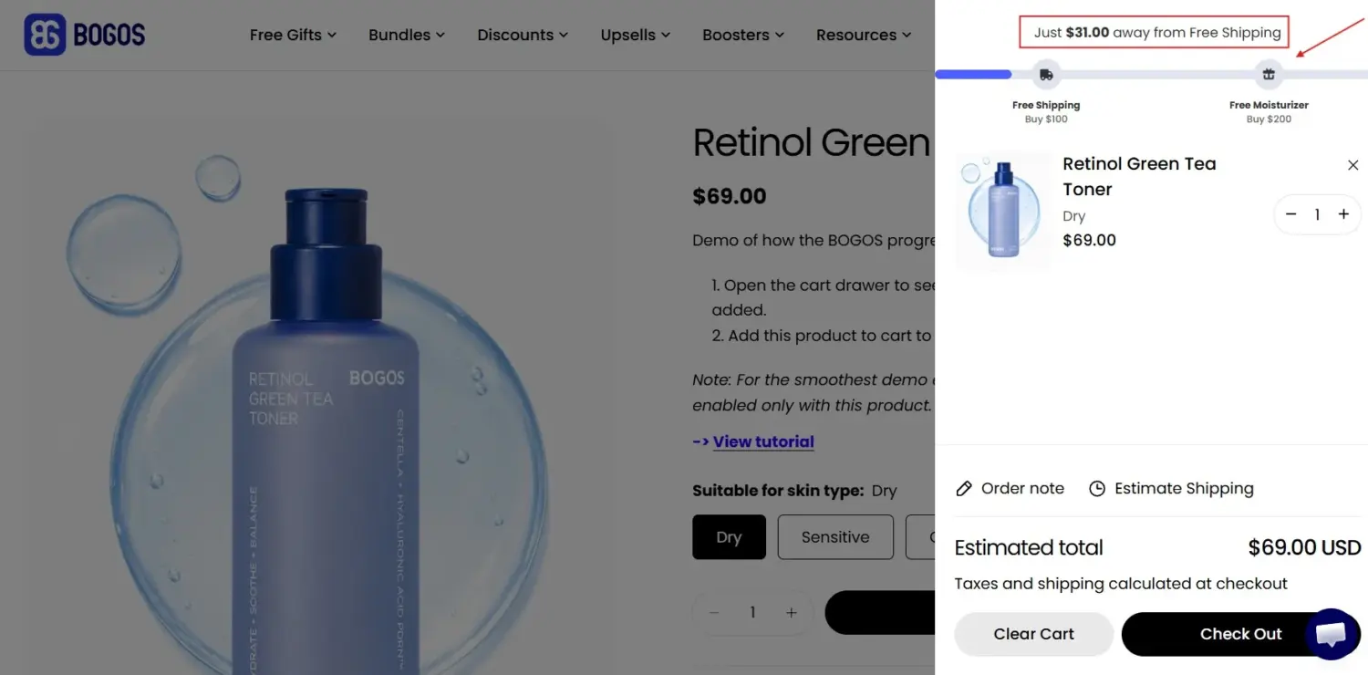 Bogos Cart Progress Bar Showing $31 Left To Unlock Free Shipping And A Free Moisturizer