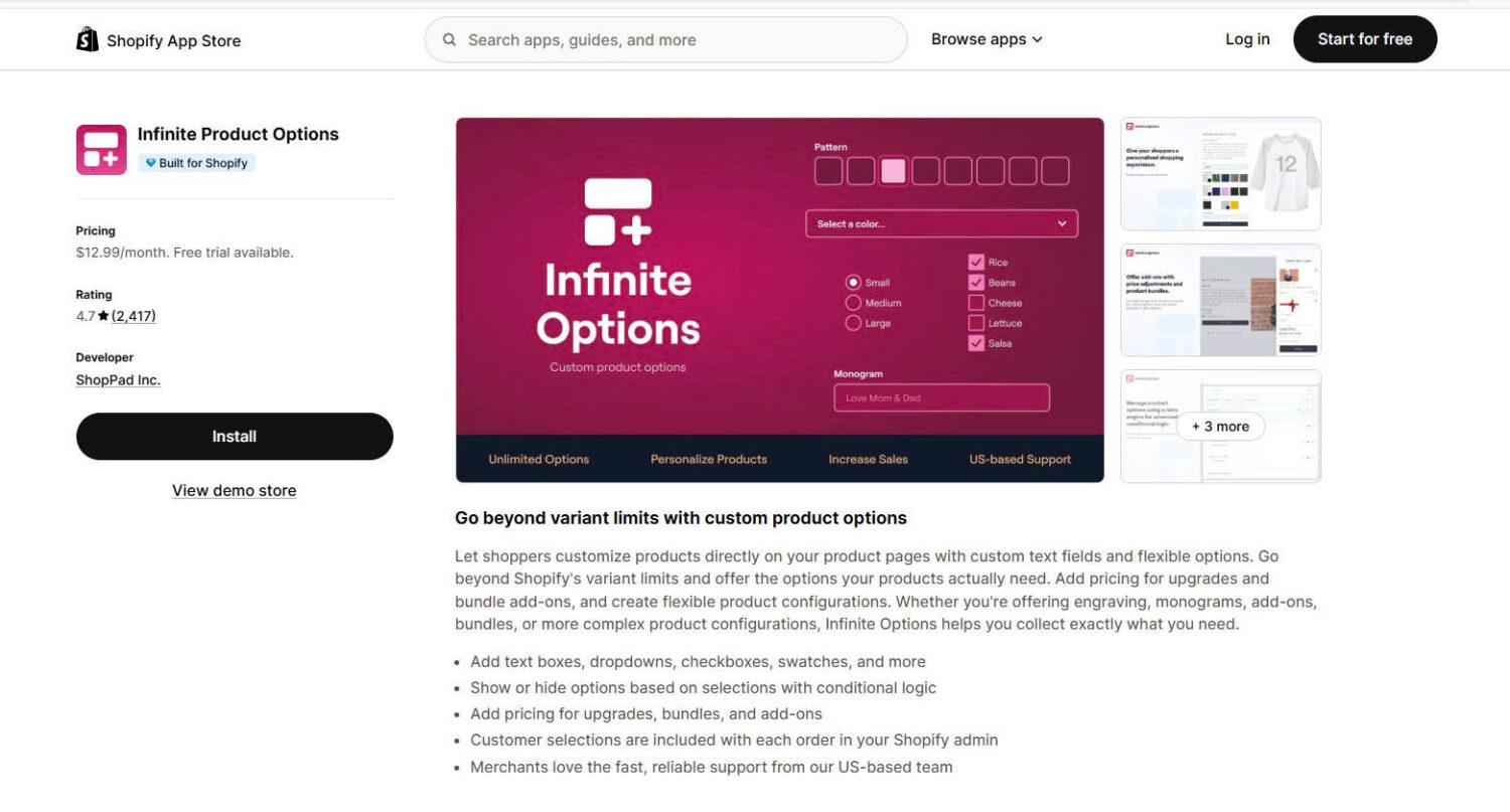 Infinitie Product Options