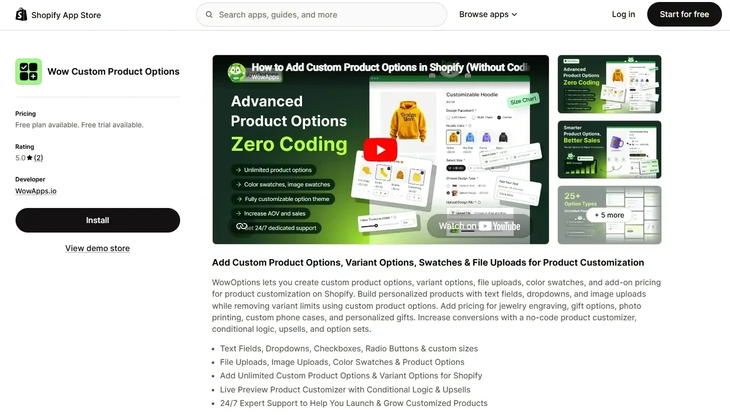 Official Shopify Store Listing Page For Wow Custom Product Options
