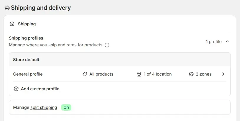 Shopify Shipping And Delivery Page Showing The General Profile And Add Custom Profile Option