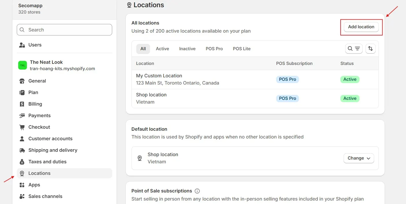 Shopify Admin Settings Menu Showing Locations And The Add Location Button