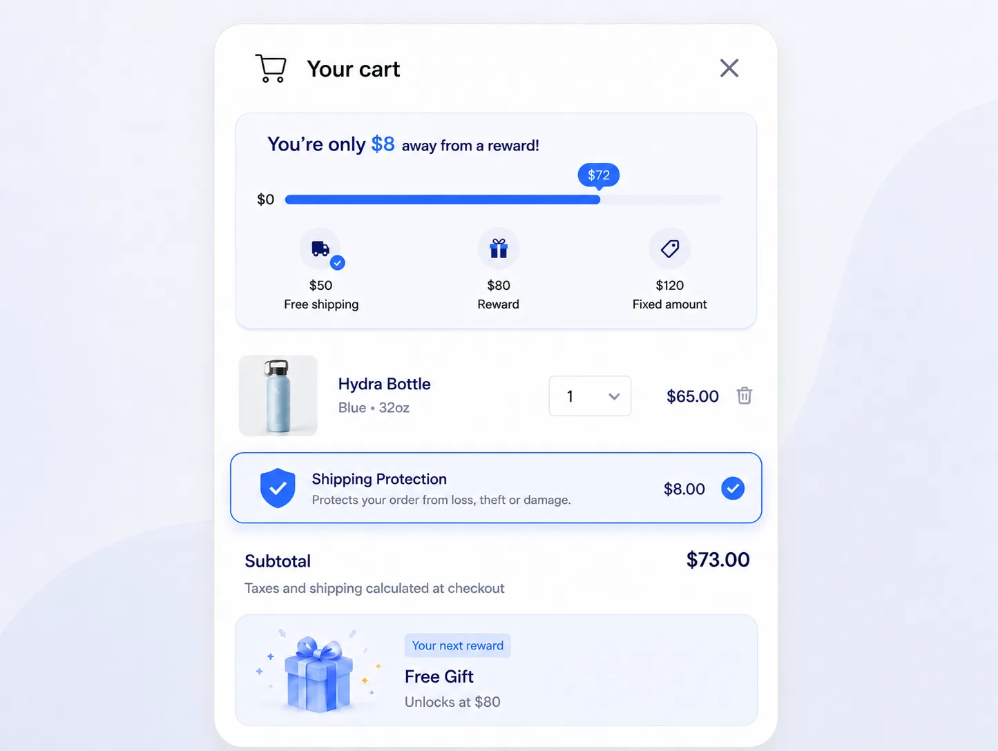 Shopify Cart Progress Bar Showing A $72 Cart Only $8 Away From Unlocking A Free Gift At $80