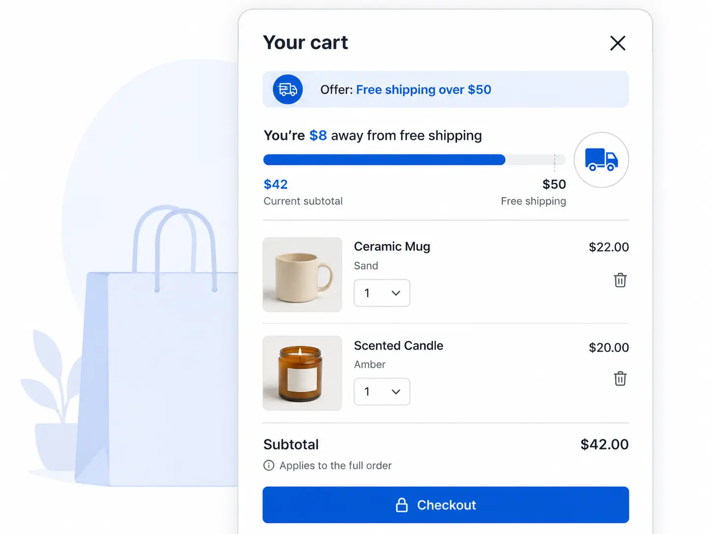 Shopify Cart Showing A $50 Free Shipping Goal With $8 Left To Unlock It Setup Through The Bogos App