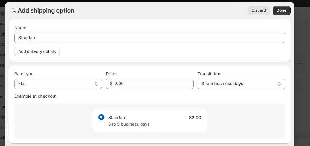 Shopify Flat Shipping Rate Form With A Customer Facing Name, Fixed Price, And Transit Time