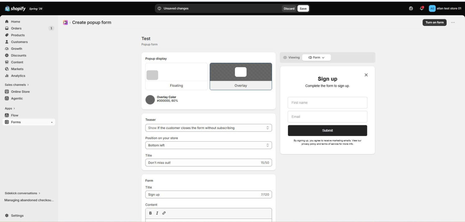 Shopify Pop Up Form Admin Dashboard