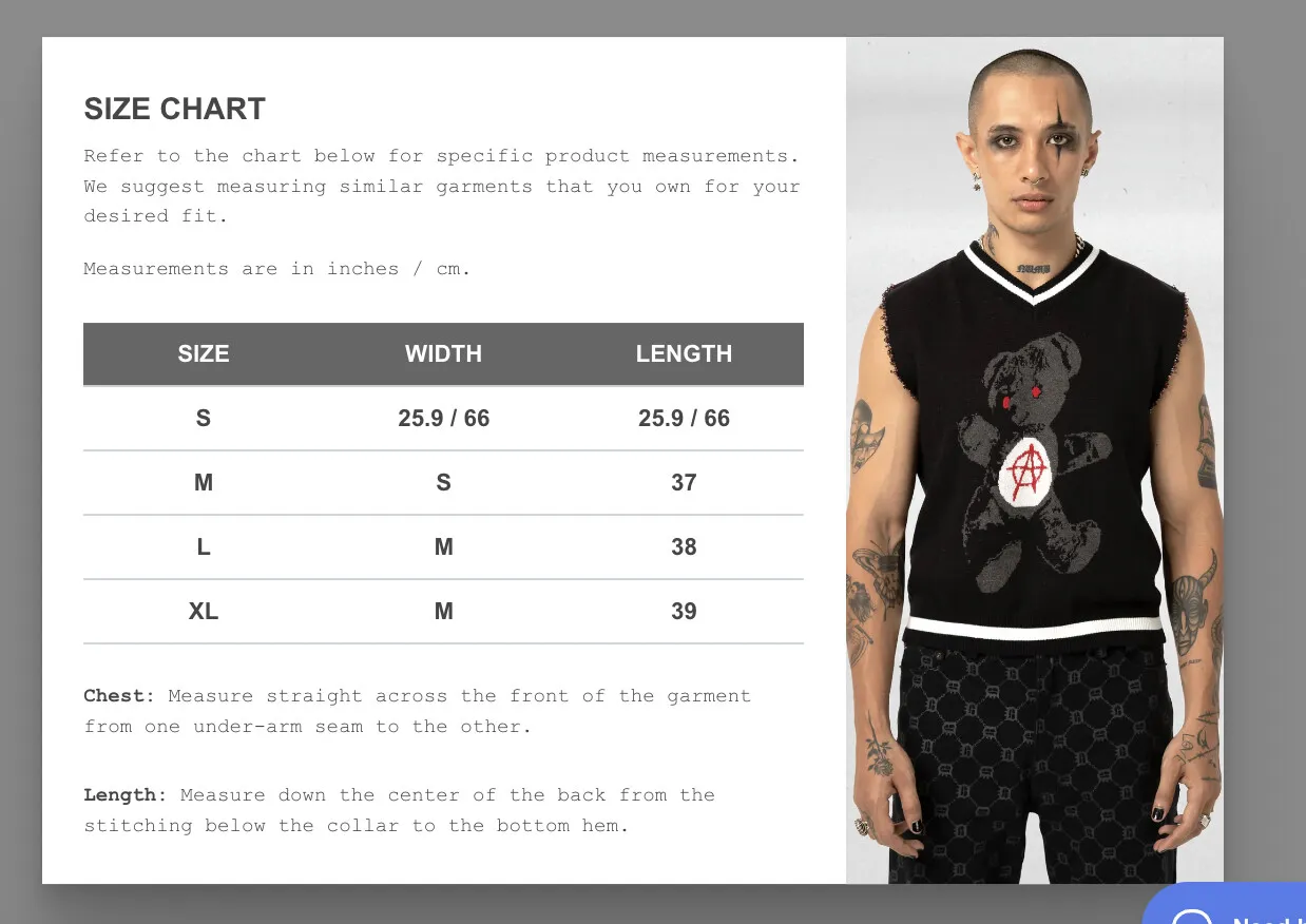 Size Chart Pop Up