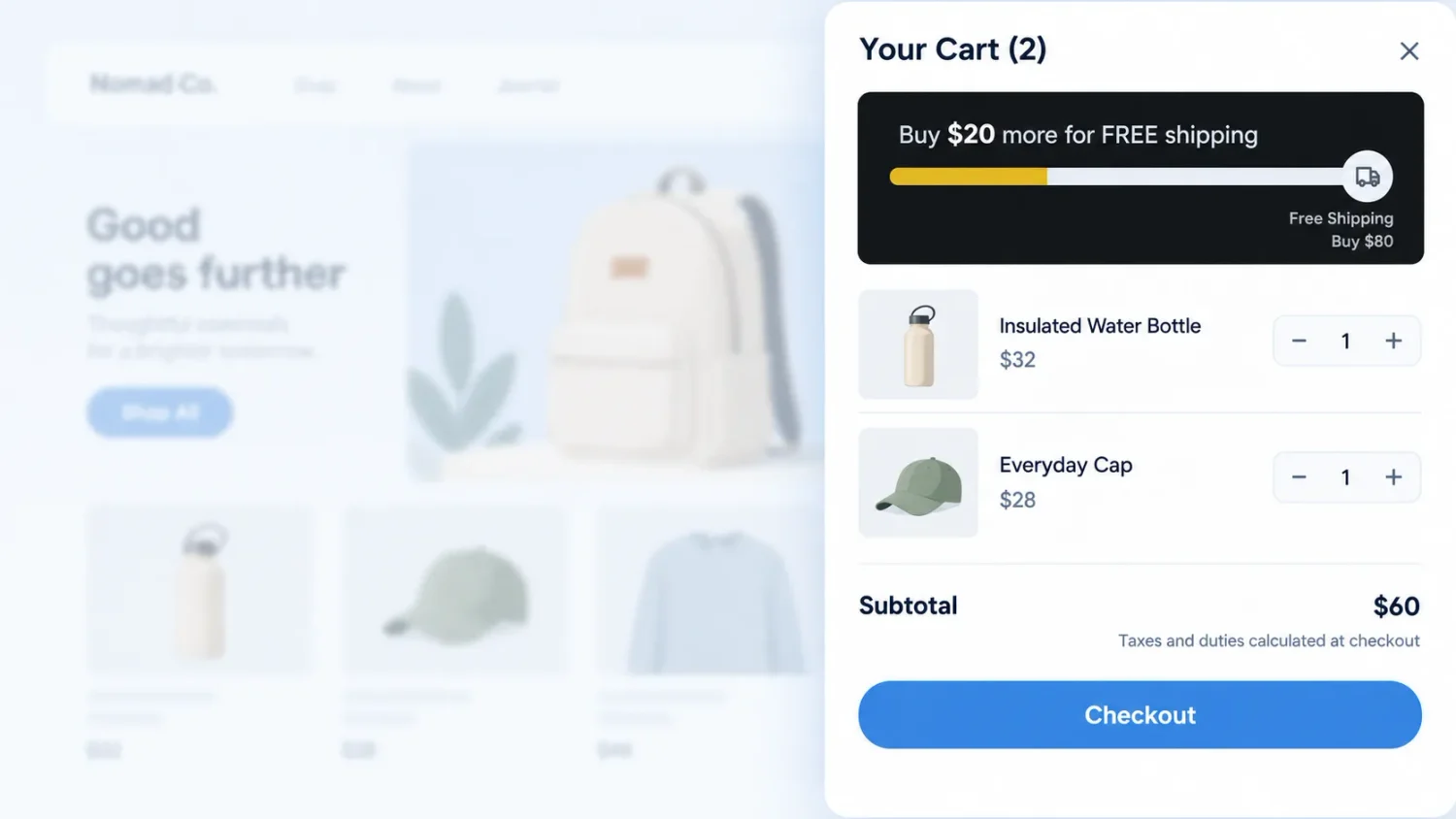 Cart Drawer With A Bogos Style Progress Bar Showing $20 Left To Unlock Free Shipping
