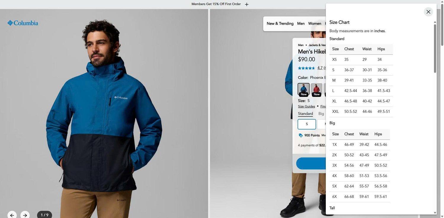 Columbia Size Guide Popup On Product Page