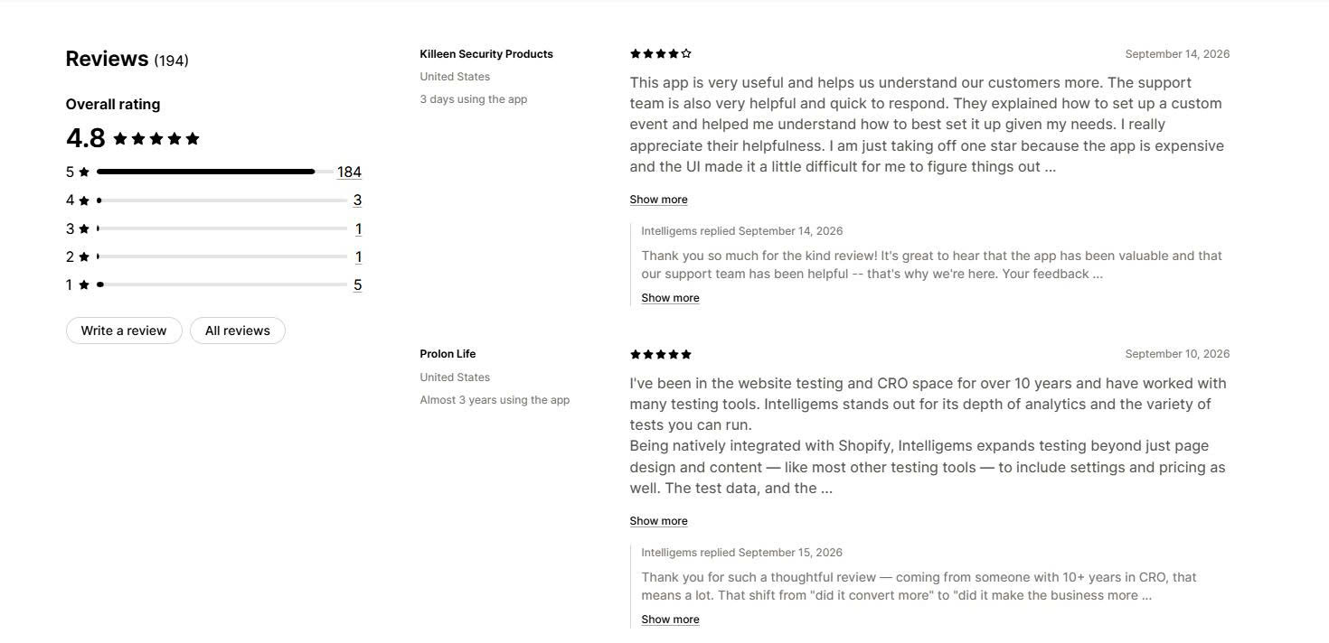 Intelligems Merchant Reviews