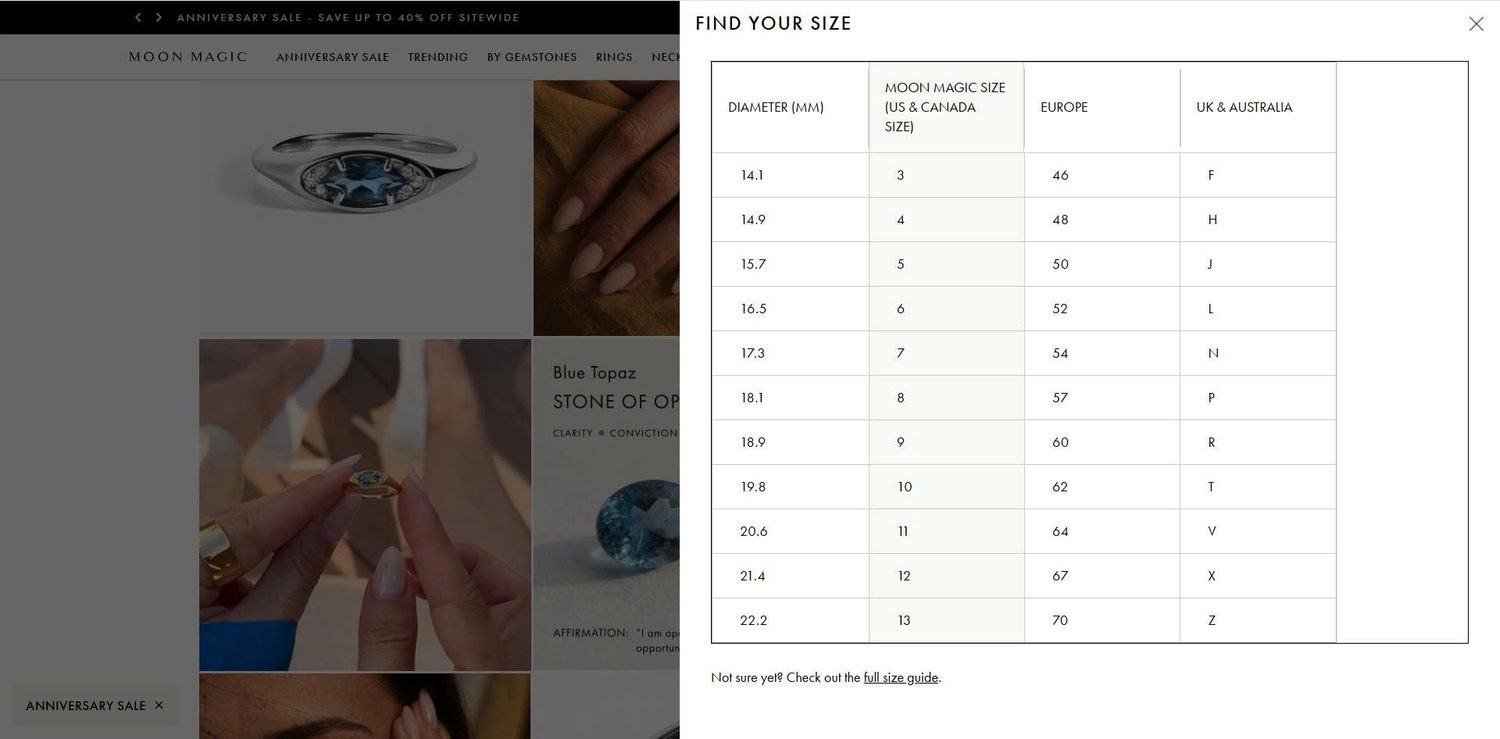Moon Magic Size Guide