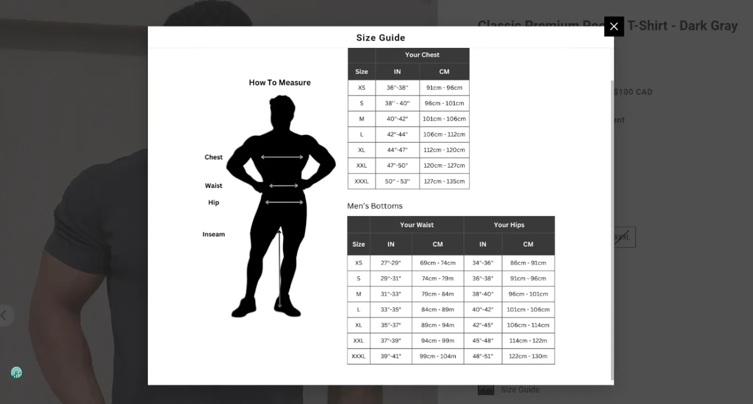 Shopify Size Chart Example