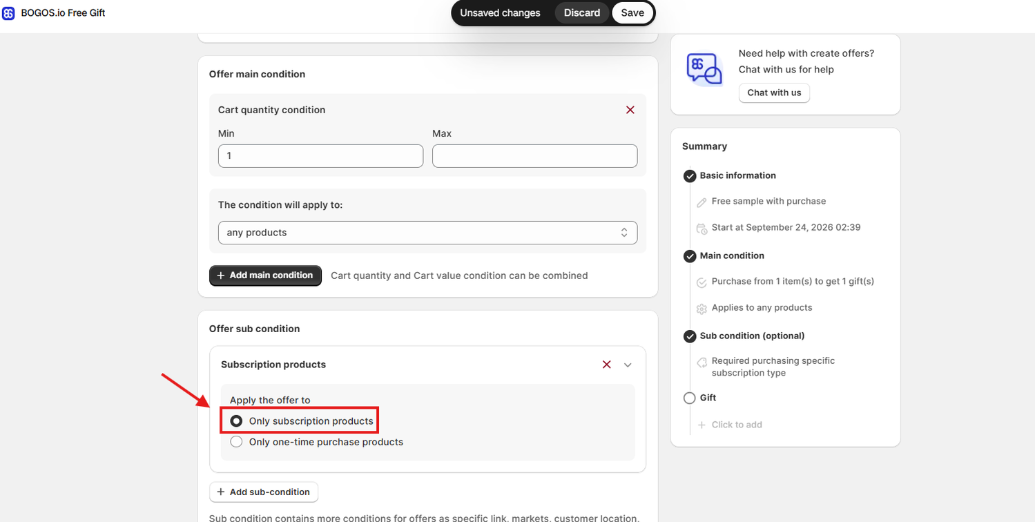 BOGOS offer settings with “Only subscription products” selected for the free gift promotion