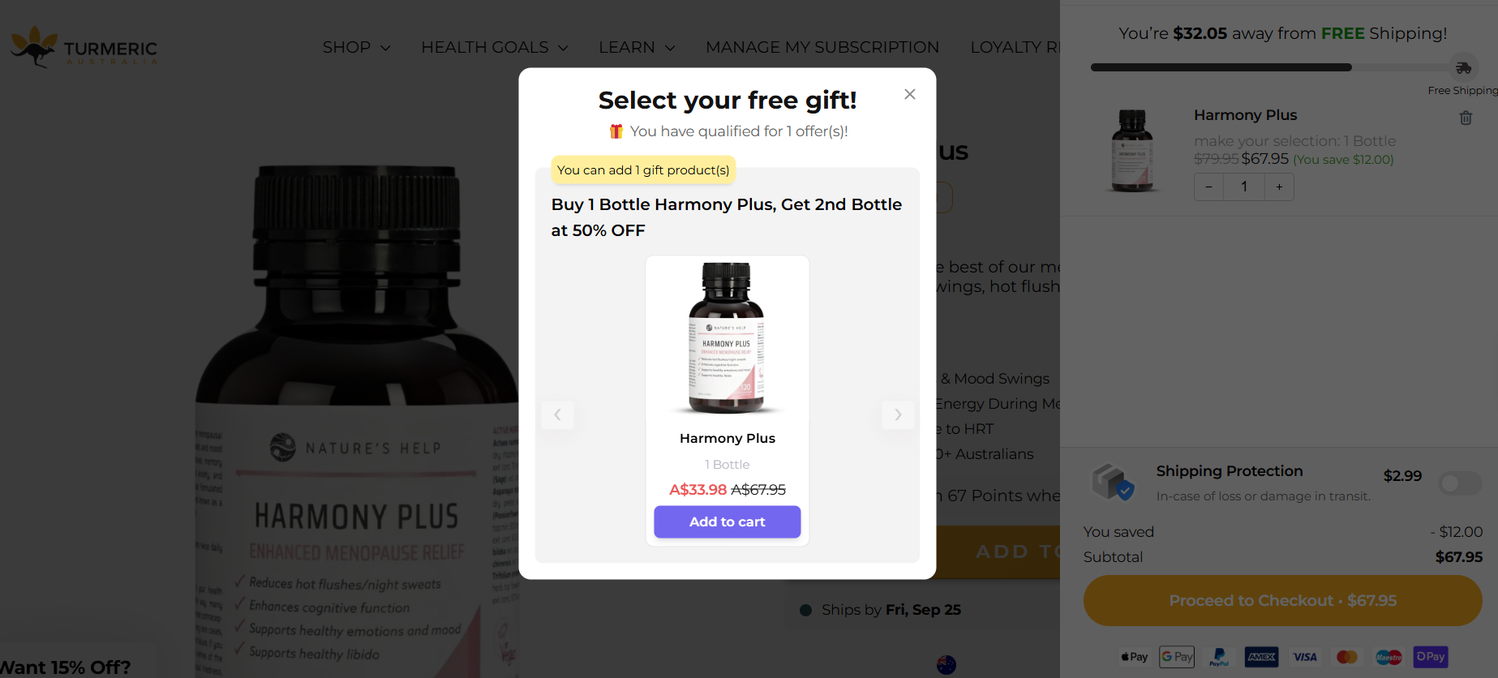 Turmeric Australia gift selection popup offering a second Harmony Plus bottle at 50% off