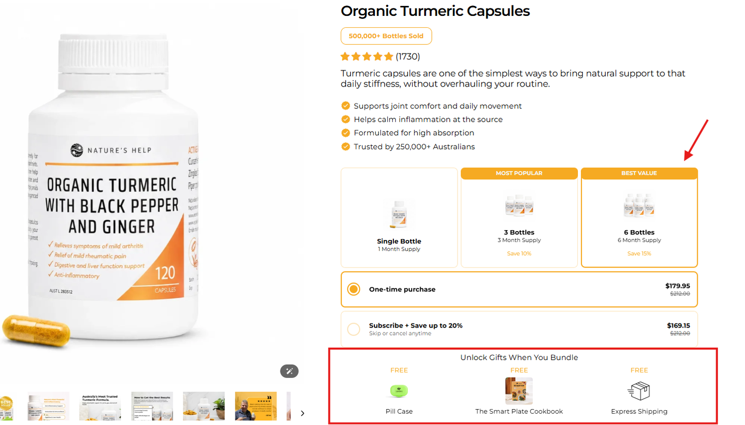 Turmeric Australia product page showing a six-bottle offer with a free pill box and cookbook