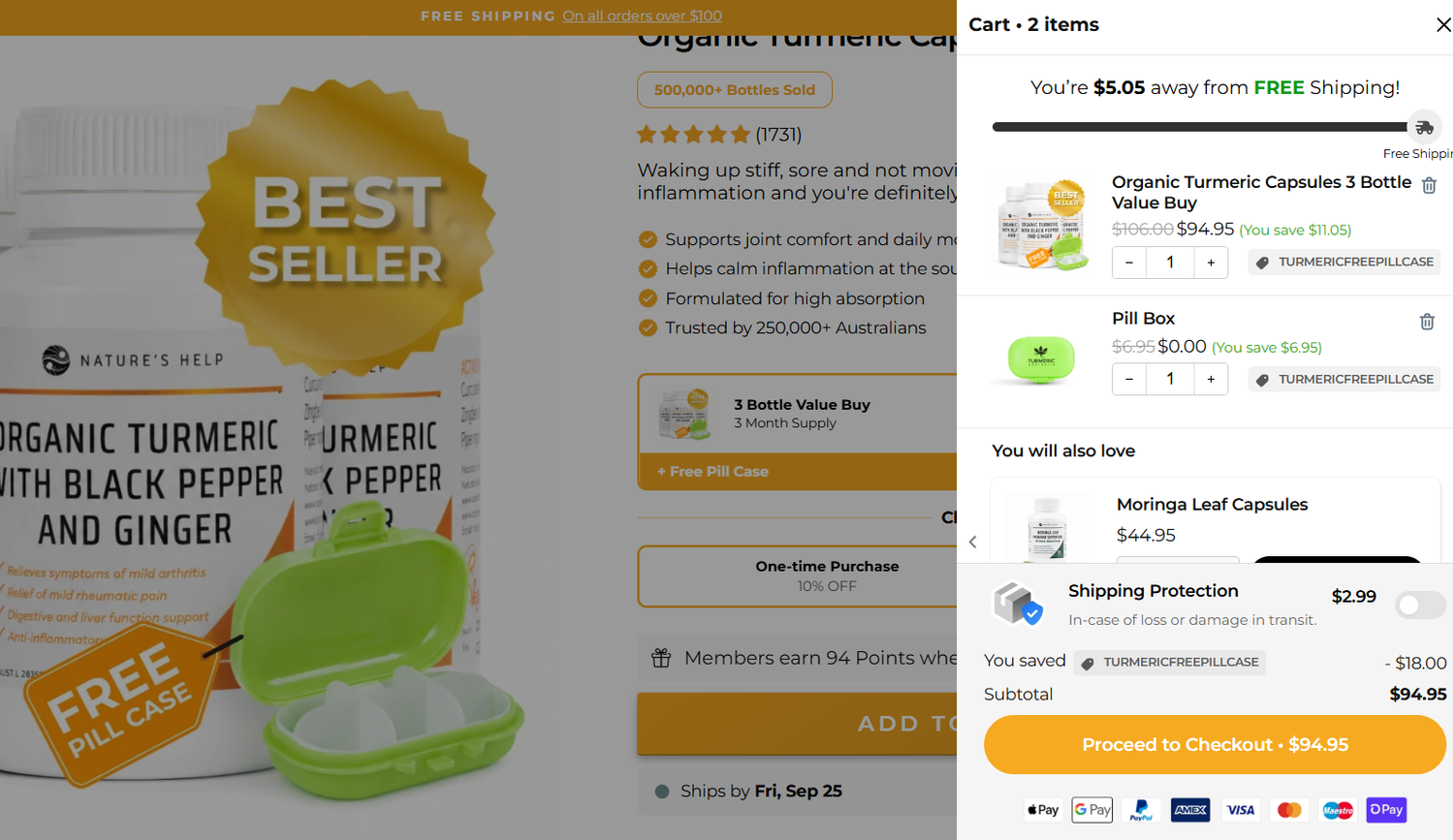 Turmeric Australia cart with a three-bottle combo, free pill box, and $5.05 remaining to unlock free shipping.