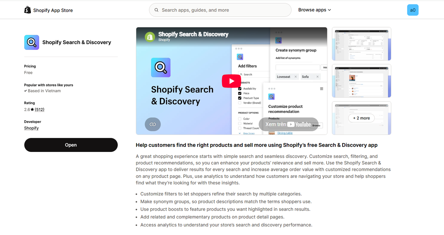 Shopify Search & Discovery app