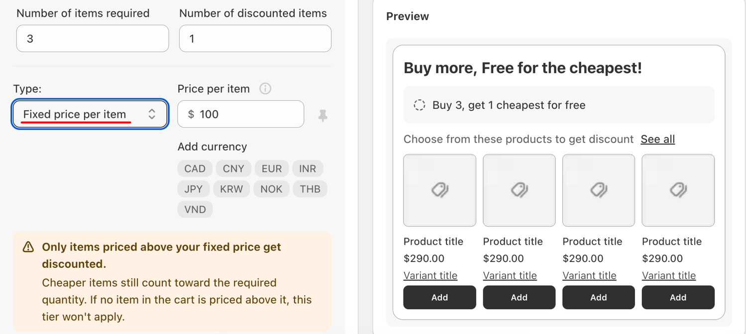 Cheapest/Most Expensive Item Discount: Fixed Price Per Item